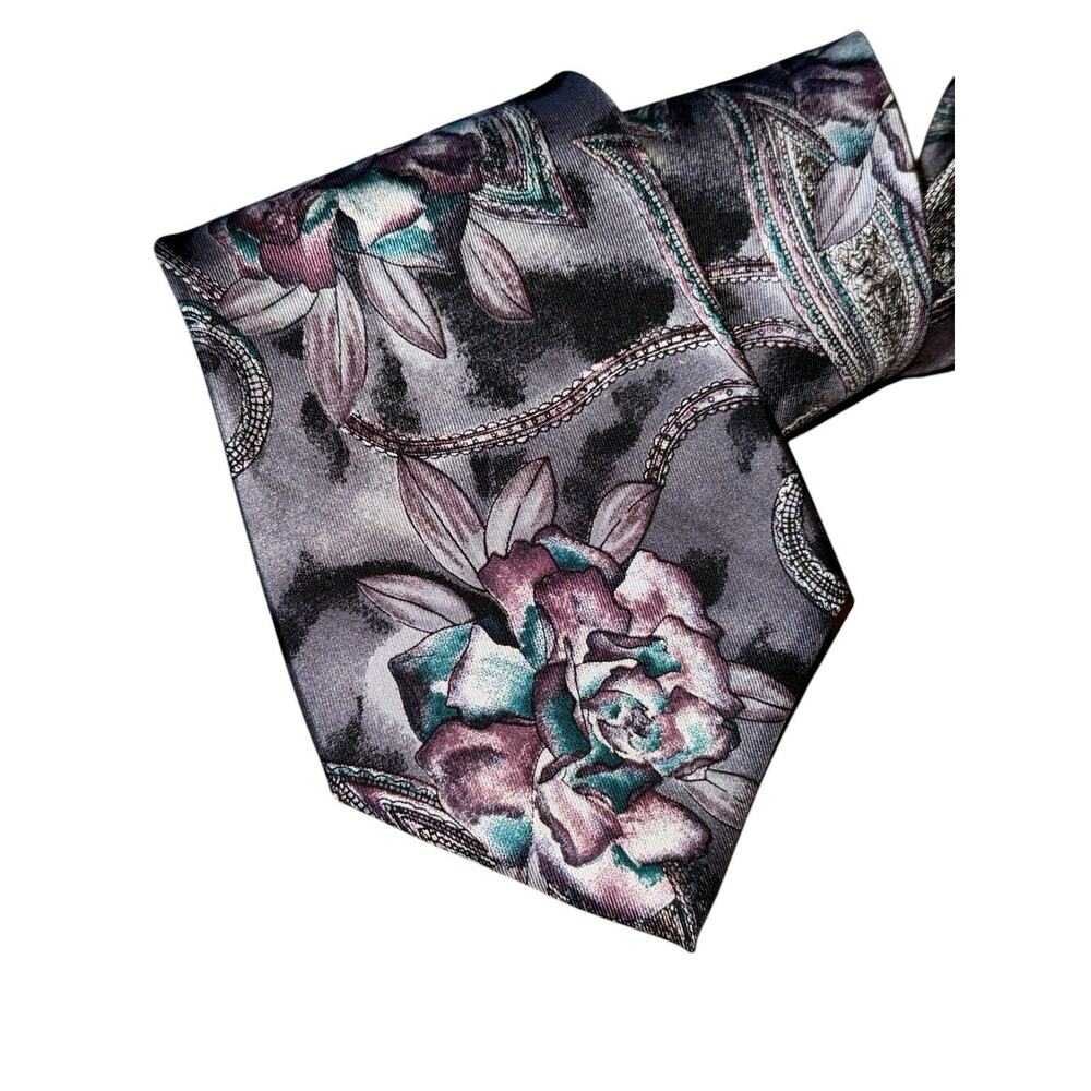 Vintage‎ Stafford EX Long Floral Paisley Silk Tie Gray Purple USA Made Formal